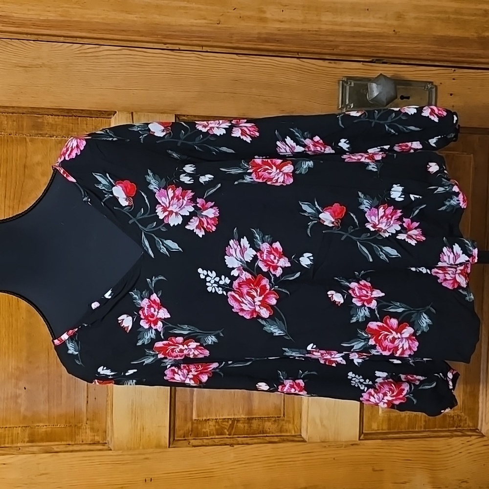 Old Navy Long Sleeve Black Coquette Blouse with Pink Floral Design L